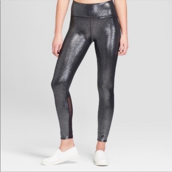 JoyLab Silver Metallic Mesh Shine Disco Leggings Tights Womens Medium - Picture 1 of 8